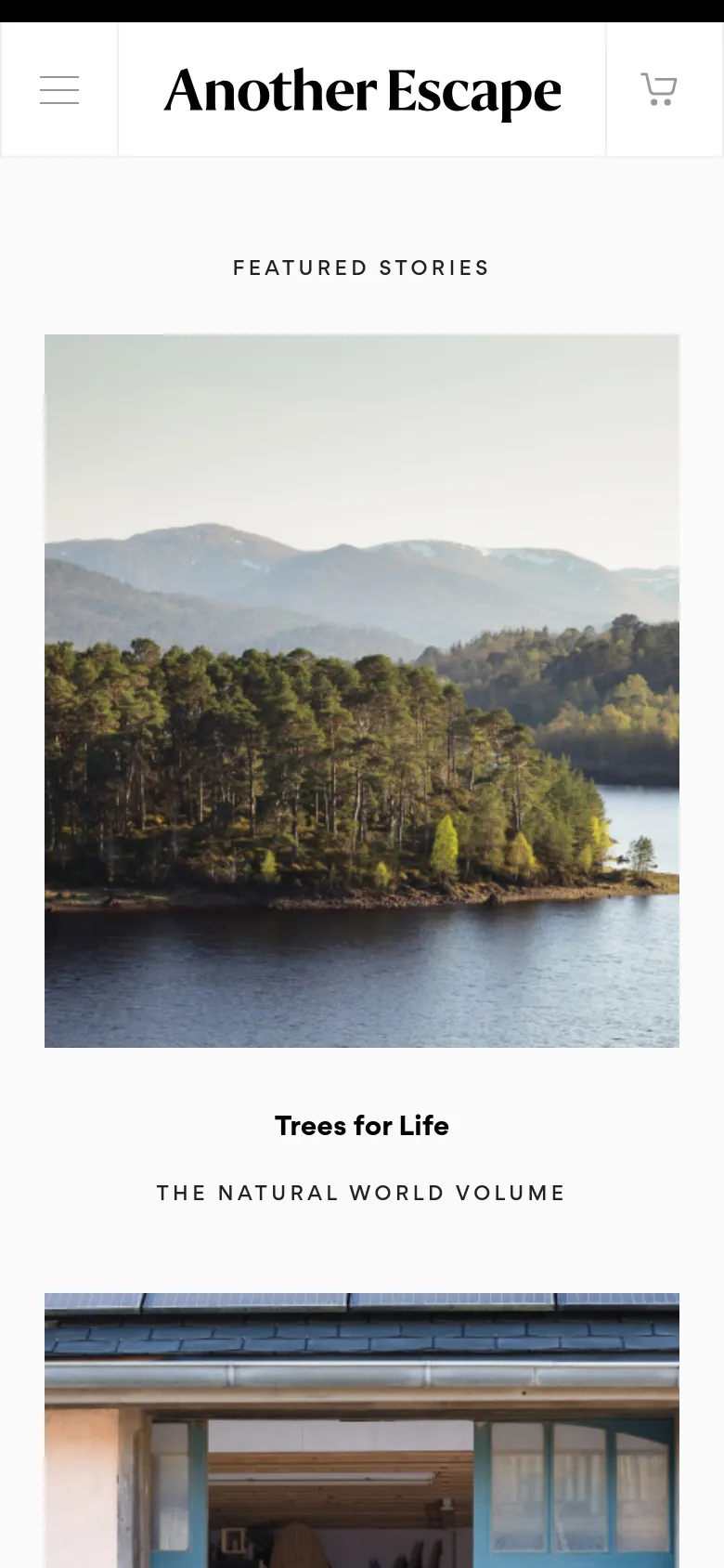 The mobile version maintains the nature-inspired aesthetic but transitions to a single-column vertical layout. The hero section is condensed, and the 'Featured Stories' grid becomes a vertical stack of large images and text, making the content easier to scroll through on a smaller screen. The navigation is simplified into a hamburger menu and a shopping cart icon in the header.