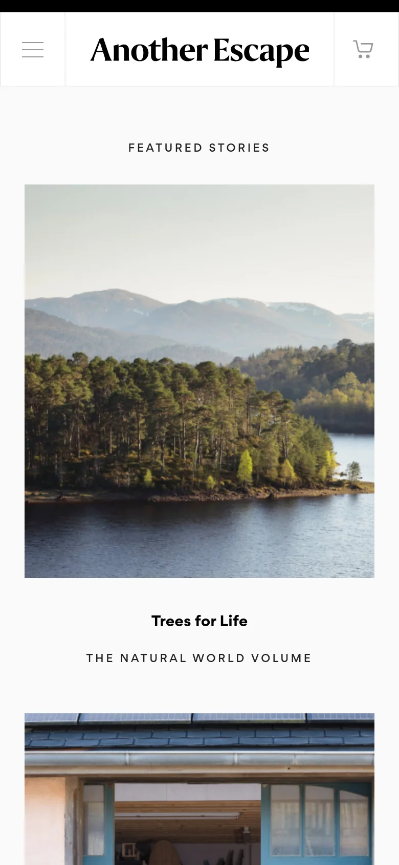 The mobile version maintains the nature-inspired aesthetic but transitions to a single-column vertical layout. The hero section is condensed, and the 'Featured Stories' grid becomes a vertical stack of large images and text, making the content easier to scroll through on a smaller screen. The navigation is simplified into a hamburger menu and a shopping cart icon in the header.