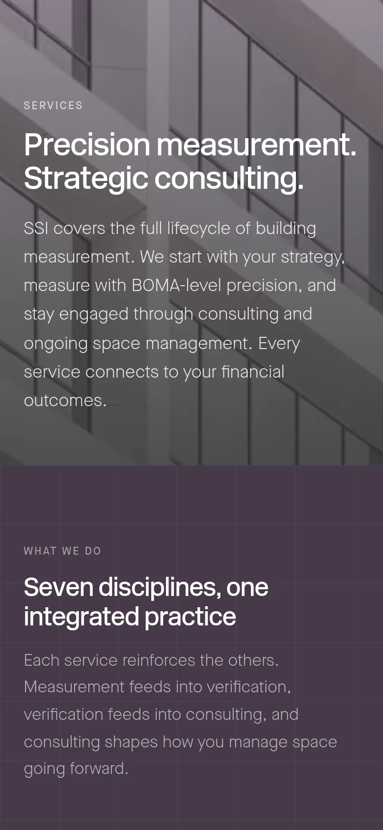 The mobile version presents a vertically stacked layout with the same architectural hero image and headline. The text content is centered and flows vertically, followed by a dark purple section with a grid pattern containing the 'Seven disciplines' headline and descriptive text.