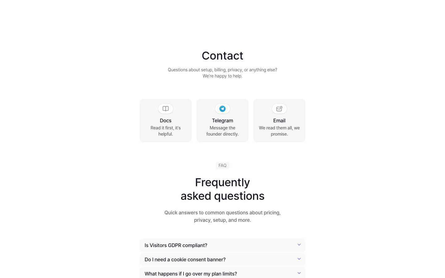 The Contact page features a clean, white minimalist layout with centered text. A large 'Contact' headline is followed by a subheadline and three distinct light-gray cards containing icons and links for Docs, Telegram, and Email. Below these cards, a 'Frequently asked questions' section begins with an accordion-style list of questions.