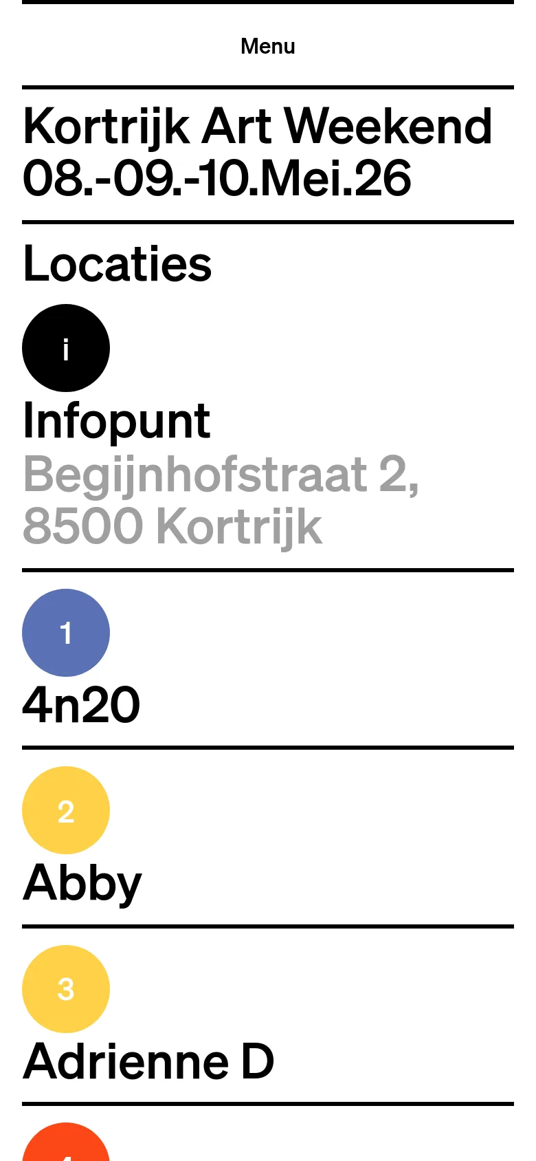 The mobile version presents a vertically stacked layout focused on a list of locations with large numbered icons. Each entry, such as 'Infopunt' or '4n20', is prominently displayed with its name and address in bold black text against a white background. The interactive map seen on desktop is replaced by this simplified, scrollable list for easier mobile navigation.
