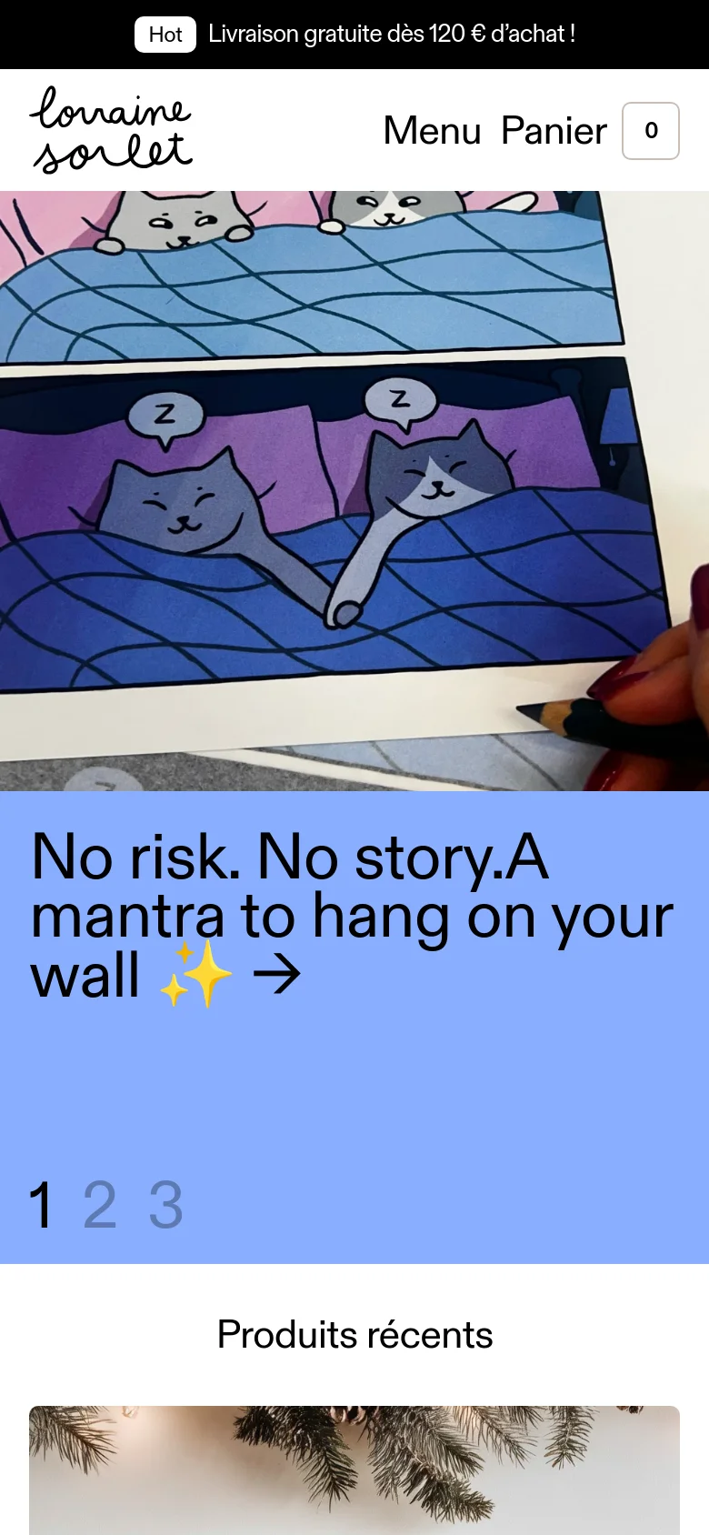 The mobile version presents a vertically stacked layout with the brand logo and a hamburger menu at the top. The hero section displays the cat illustration above a large text headline on a light blue background, followed by pagination numbers. Below the hero, a 'Produits récents' (Recent products) section begins with product imagery.