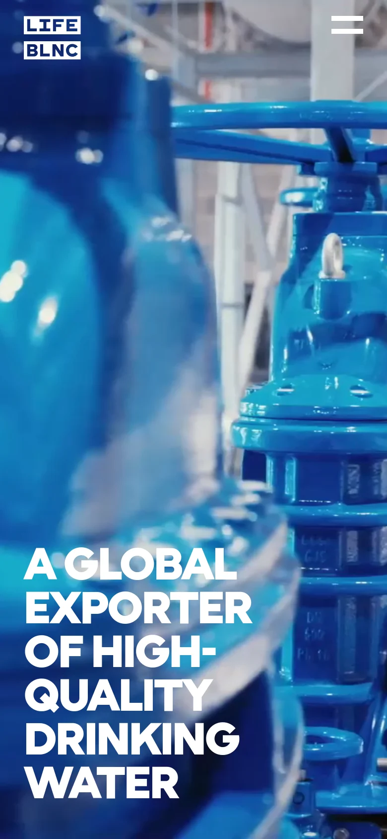 The mobile version displays the same blue industrial water valve imagery but with a simplified layout. The main headline is positioned lower on the screen, and the top navigation menu is replaced by a white hamburger menu icon on the right side.