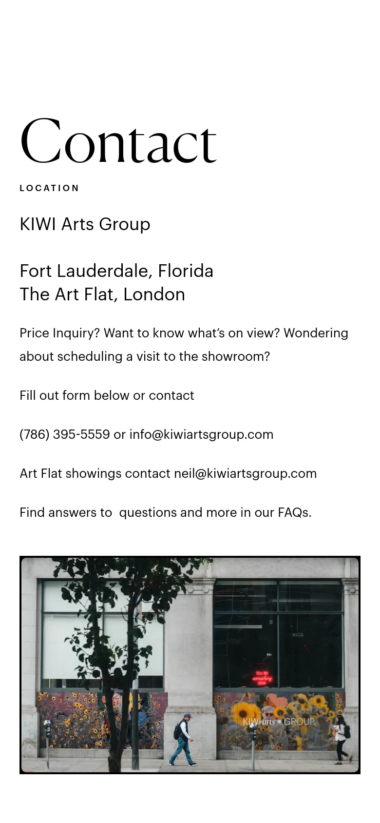 The mobile version stacks the content vertically, placing the large 'Contact' headline and all text information at the top. The street view photograph of the building storefront is moved to the bottom of the page. The layout is simplified for a single-column vertical scroll on a white background.