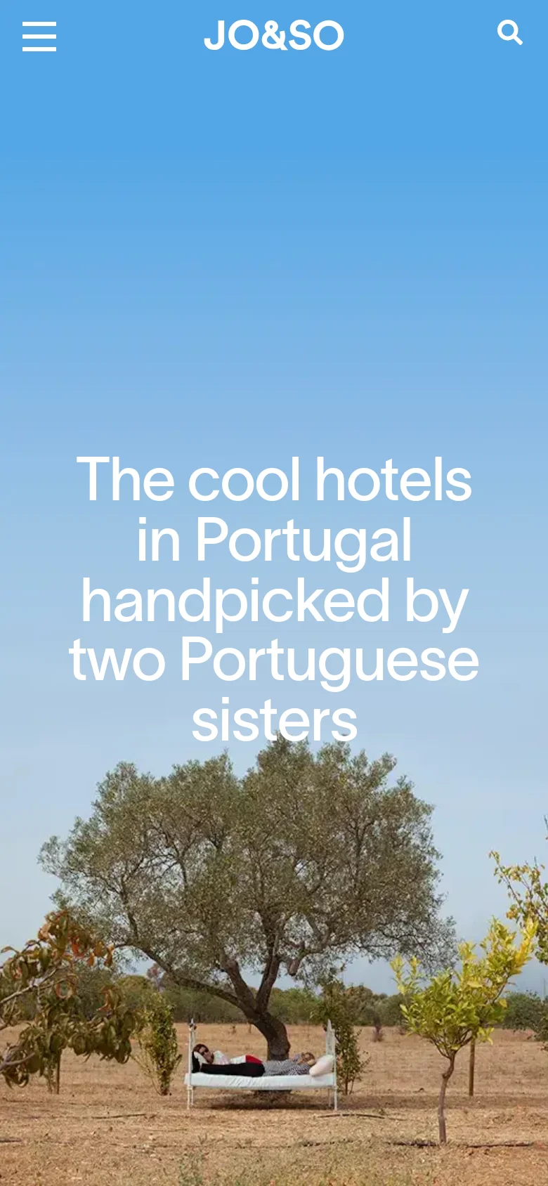 The mobile version presents a vertically oriented hero section with the same headline and tree imagery, but the text is centered and stacked to fit the narrow screen. The top navigation is condensed into a hamburger menu icon on the left, the JO&SO logo remains centered, and a search icon is positioned on the right.