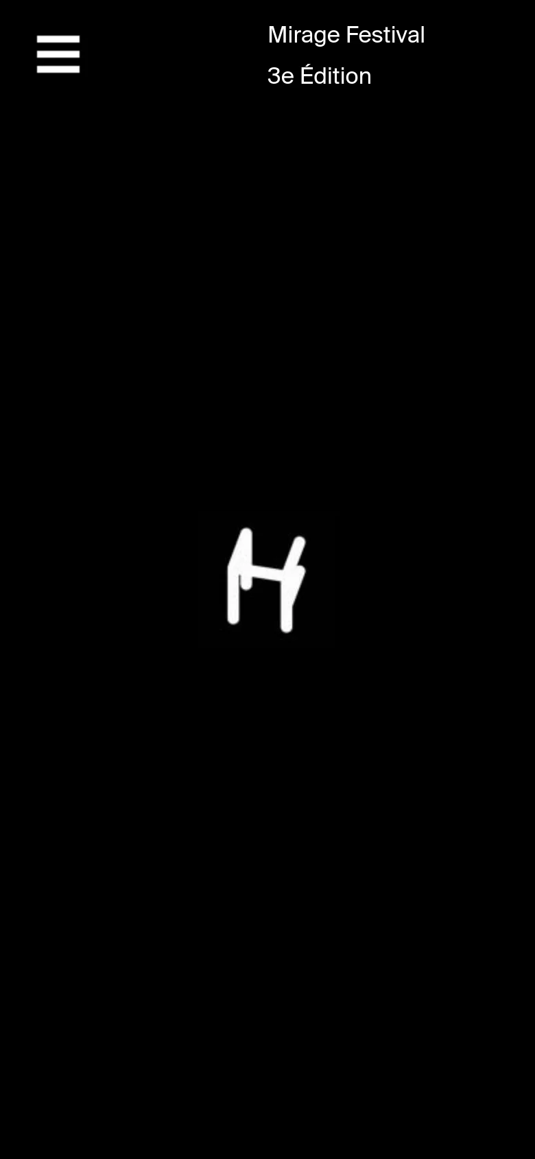 The mobile version maintains the dark theme and minimalist aesthetic but simplifies the layout. The top navigation is condensed, showing only the hamburger menu and the festival name and edition, with the geometric logo centered below.