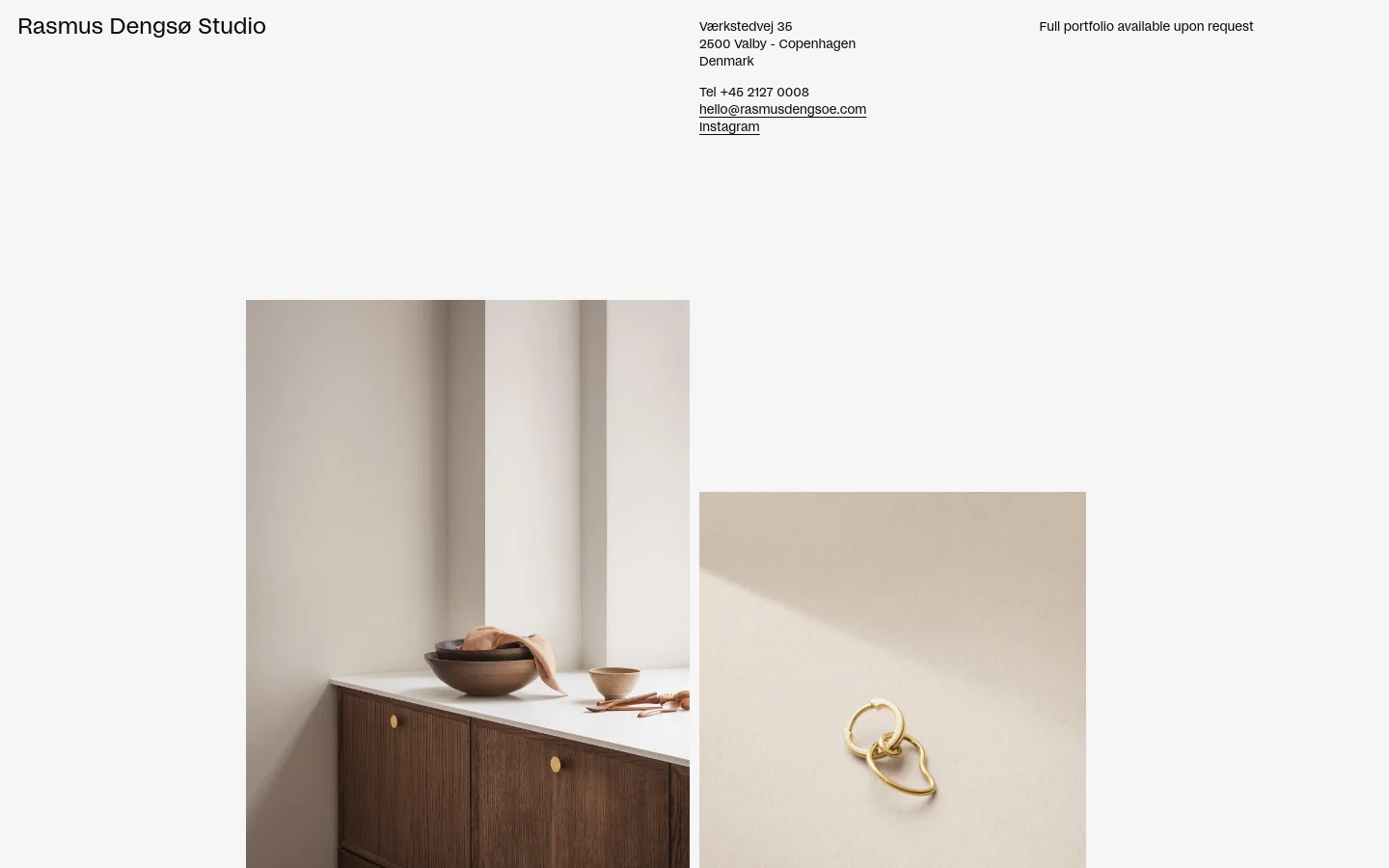 A minimalist photography portfolio website for Rasmus Dengsø Studio featuring a grid of high-quality, artistic photographs with neutral tones. The layout consists of large, vertically-oriented images of still life and interiors, with contact information and studio details located at the bottom in a clean, white-space heavy design.
