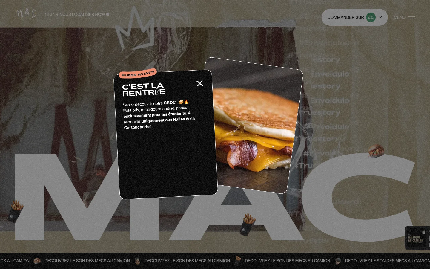 The desktop homepage features a dark, gritty urban aesthetic with large 'MAC' typography in the background. A central promotional pop-up highlights a 'CROC' sandwich with a high-quality food image, text announcing a student special, and a close button. The navigation includes a 'Commander sur Uber Eats' button and a menu icon in the top right.