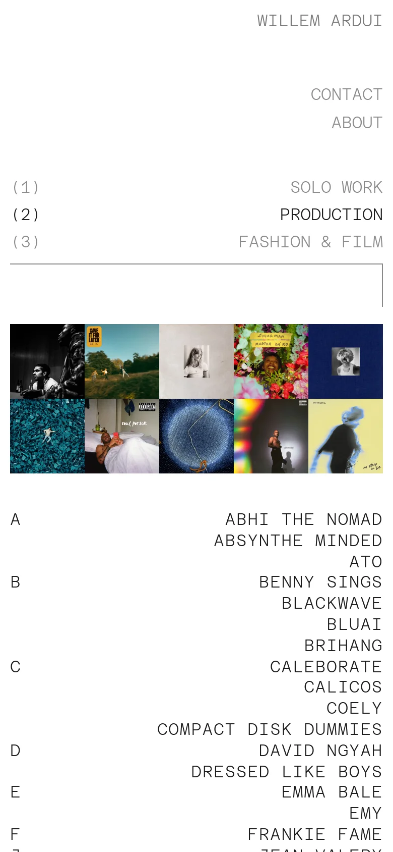 The mobile version presents a simplified vertical layout with the navigation links and artist credits stacked centrally. The grid of colorful album covers is scaled down to fit the narrow screen, and the portrait is removed from the header to prioritize the text-based list of credits.