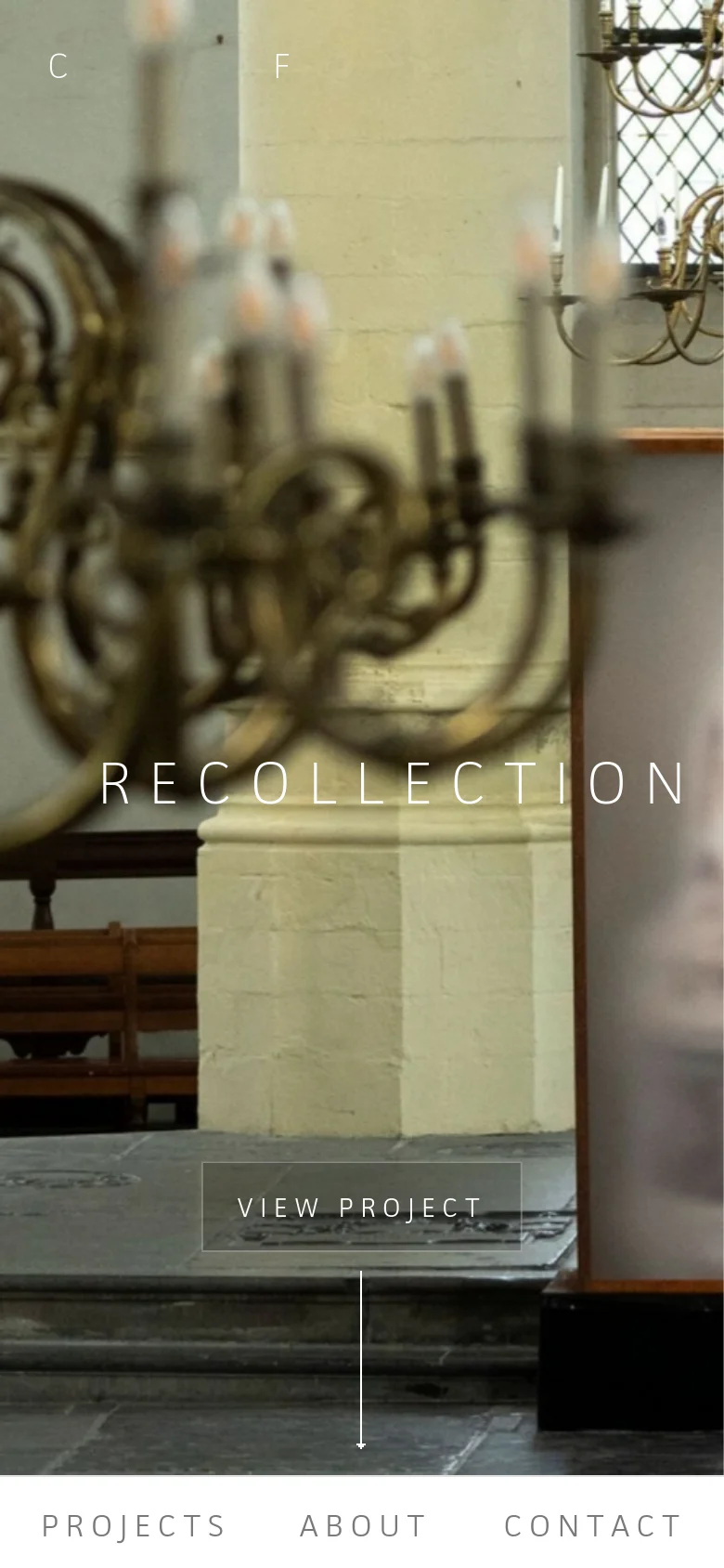 The mobile version maintains the large, vertically oriented hero image of the chandelier and artwork with the 'RECOLLECTION' title and 'VIEW PROJECT' button centered. The layout is simplified for a narrow screen, with the bottom navigation menu spanning the width of the device.