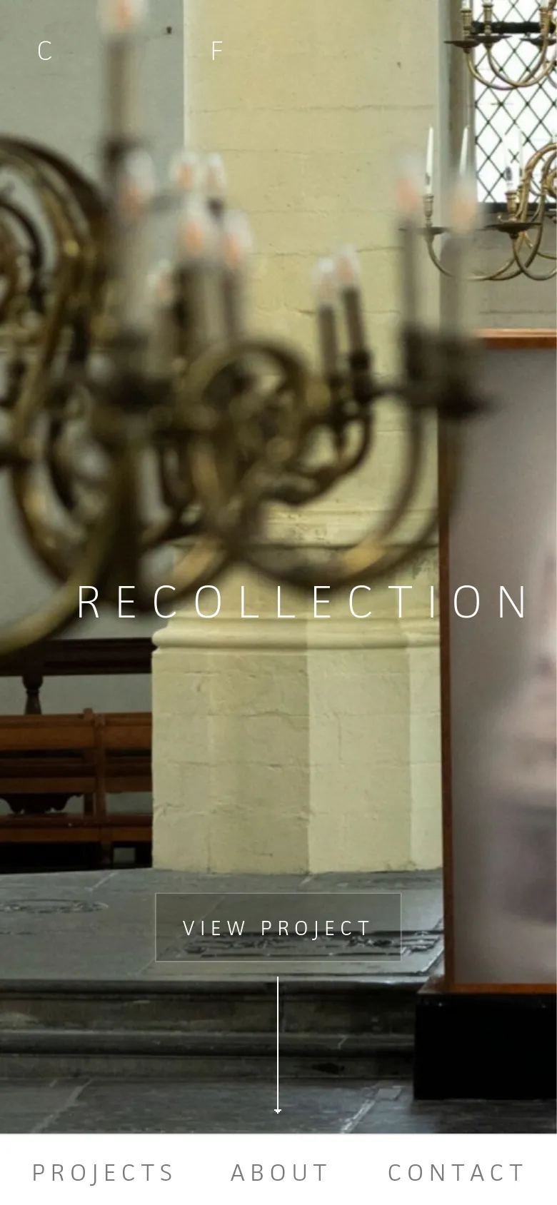 The mobile version maintains the large, vertically oriented hero image of the chandelier and artwork with the 'RECOLLECTION' title and 'VIEW PROJECT' button centered. The layout is simplified for a narrow screen, with the bottom navigation menu spanning the width of the device.