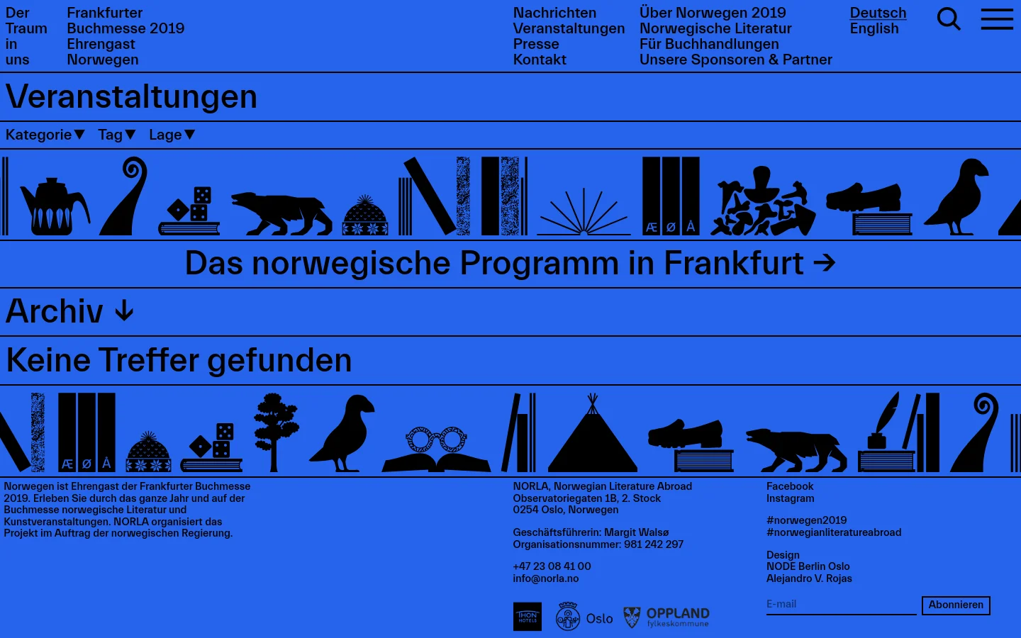 The desktop page features a bright blue background with a large headline reading 'Veranstaltungen' and dropdown filters for Kategorie, Tag, and Lage. A black decorative banner with silhouettes of books, animals, and objects spans the width of the page above a large call-to-action link for the Norwegian program in Frankfurt. The footer contains contact information, social media links, and partner logos.