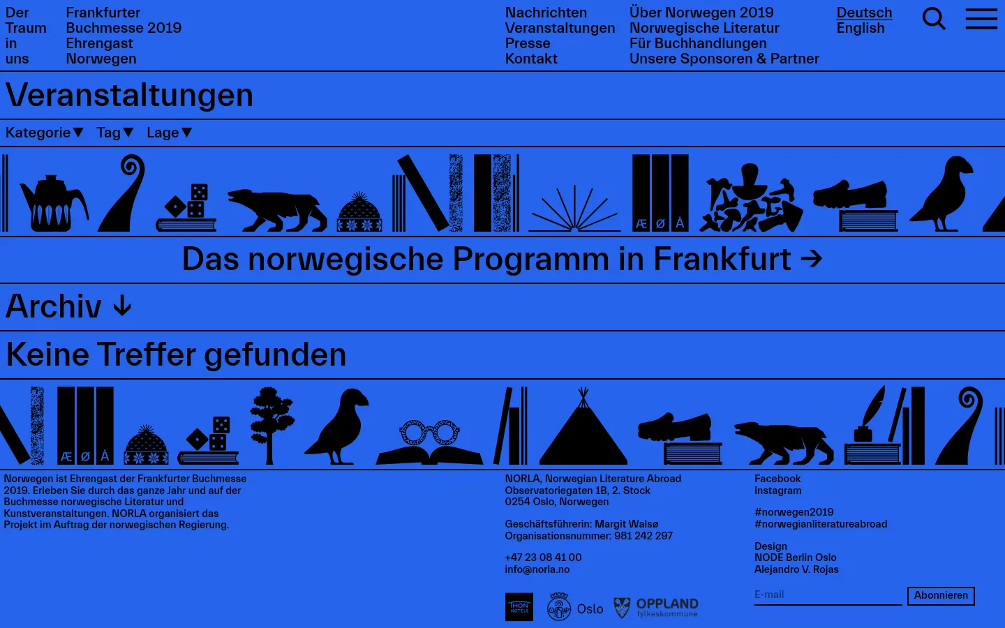 The desktop page features a bright blue background with a large headline reading 'Veranstaltungen' and dropdown filters for Kategorie, Tag, and Lage. A black decorative banner with silhouettes of books, animals, and objects spans the width of the page above a large call-to-action link for the Norwegian program in Frankfurt. The footer contains contact information, social media links, and partner logos.