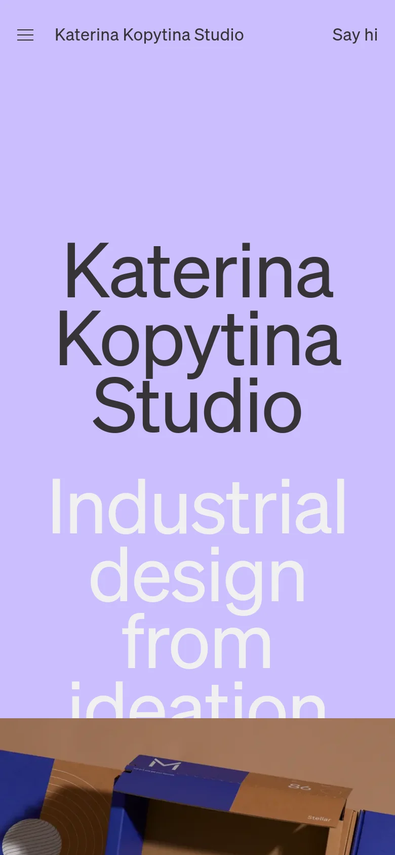 The mobile version maintains the lavender background and large typography, but the text is stacked vertically to fit the narrow screen. The header is simplified with a hamburger menu icon on the left, the studio name in the center, and 'Say hi' on the right.