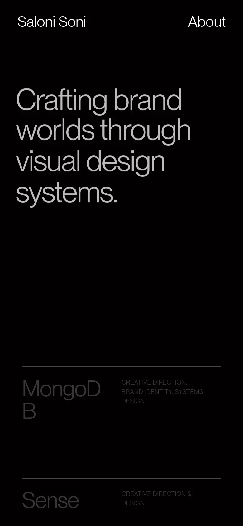 The mobile version maintains the dark aesthetic and large white headline but utilizes a single-column vertical layout. The navigation is simplified at the top, and project entries like MongoDB and Sense are stacked vertically to fit the narrow screen width.