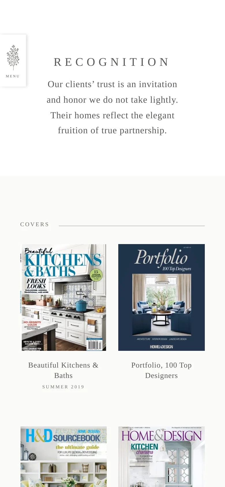 The mobile version maintains the minimalist white aesthetic and centered text but shifts the layout to a single-column vertical stack. The magazine covers in the 'Covers' section are resized to fit the narrow screen width, appearing one after another vertically rather than in a side-by-side grid.