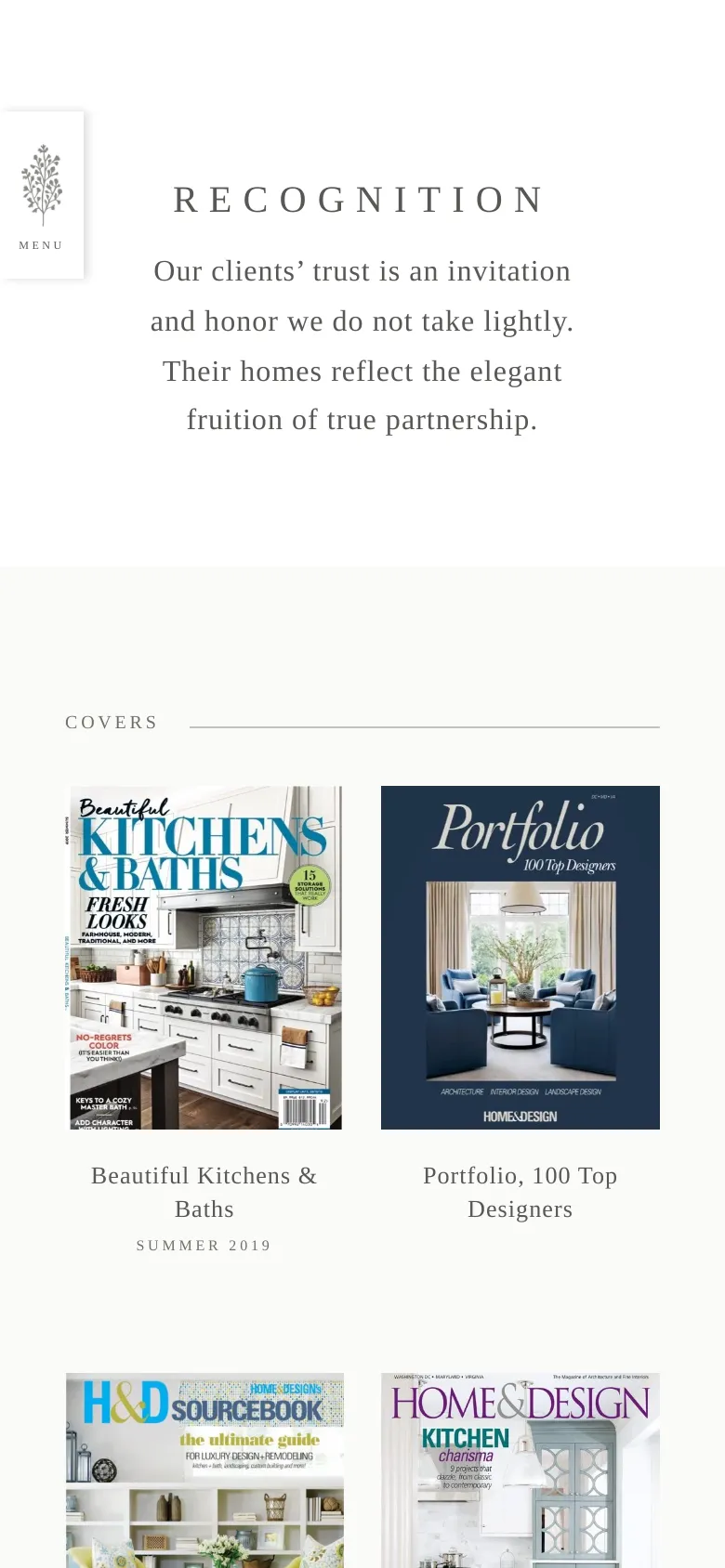 The mobile version maintains the minimalist white aesthetic and centered text but shifts the layout to a single-column vertical stack. The magazine covers in the 'Covers' section are resized to fit the narrow screen width, appearing one after another vertically rather than in a side-by-side grid.