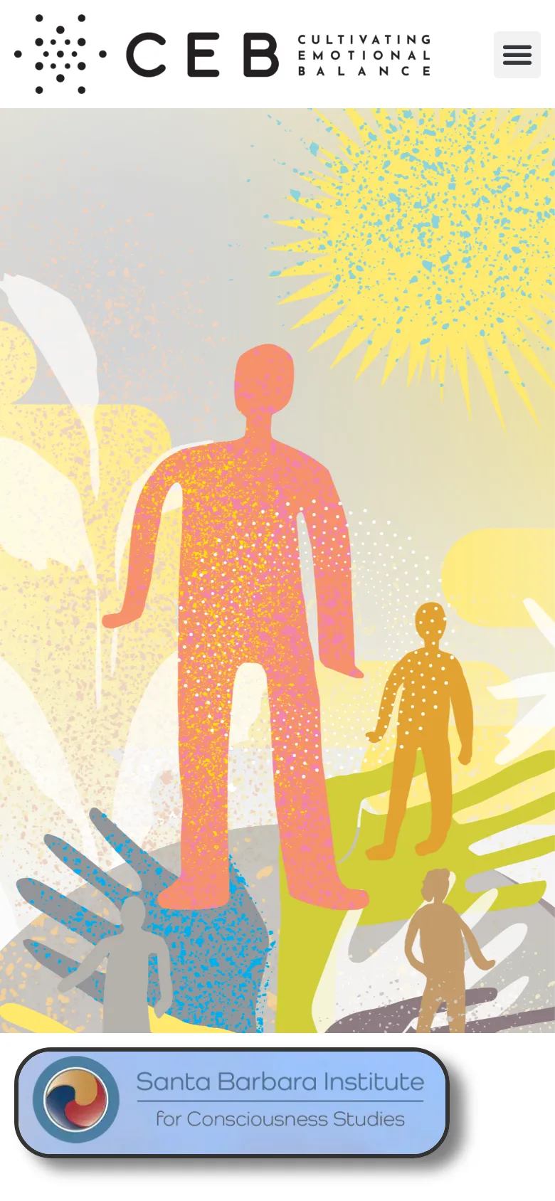 The mobile version displays the same colorful, abstract human silhouette hero image but uses a condensed layout. The navigation menu is collapsed into a hamburger icon at the top right, and the Santa Barbara Institute logo is centered at the bottom of the screen.