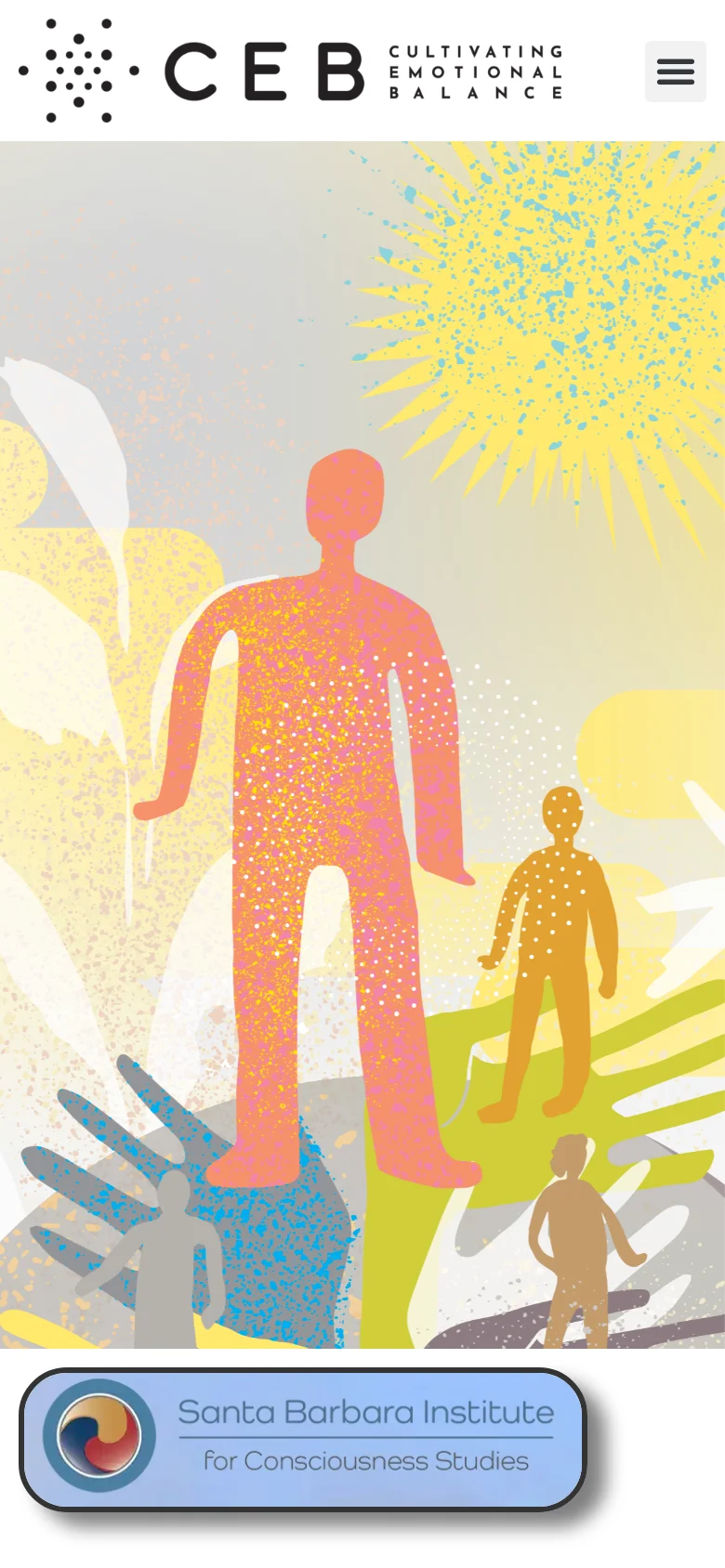 The mobile version displays the same colorful, abstract human silhouette hero image but uses a condensed layout. The navigation menu is collapsed into a hamburger icon at the top right, and the Santa Barbara Institute logo is centered at the bottom of the screen.