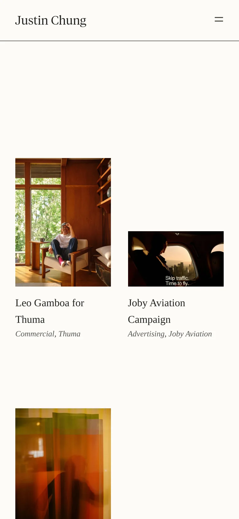 The mobile version simplifies the layout, showing the Justin Chung logo and a hamburger menu icon at the top. The photography archive follows a single-column vertical scroll, displaying large images with their respective project titles and descriptions stacked underneath.