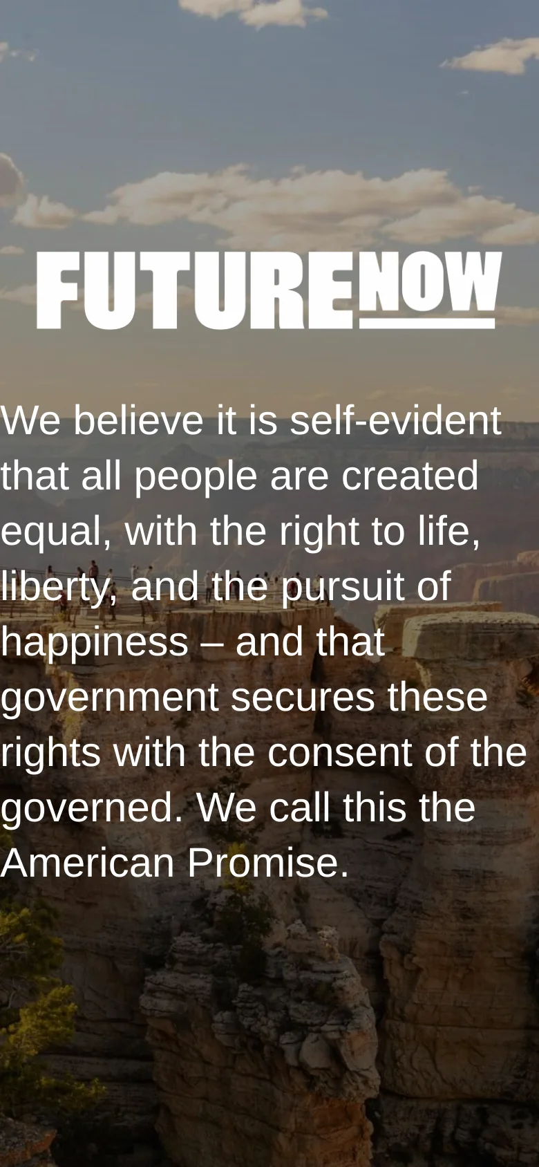 The mobile version displays a vertically stacked layout with the hero image showing a canyon landscape under a cloudy sky, overlaid with the white 'FUTURE NOW' logo and mission statement. The text content below is condensed into a single column for easier scrolling on smaller screens.
