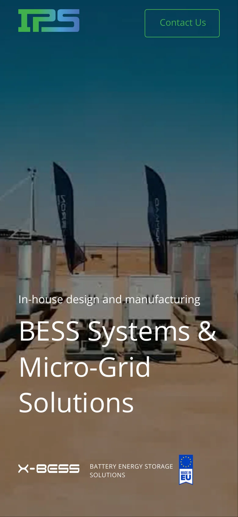 The mobile version presents a vertically stacked layout optimized for small screens, maintaining the desert landscape hero image and dark blue overlay. The headline and X-BESS branding are centered, and the navigation is simplified, focusing on a single-column flow of text and call-to-action buttons.
