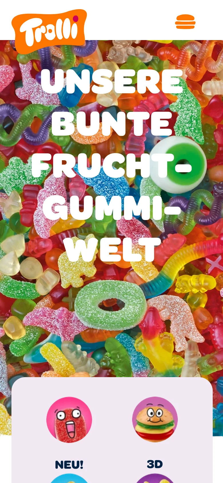 The mobile version displays a condensed layout with a hamburger menu icon and the Trolli logo at the top. The hero section features the same colorful gummy candy background and large white headline, but the text is stacked vertically. The product category icons are arranged in a grid below the hero image on a light grey rounded container.