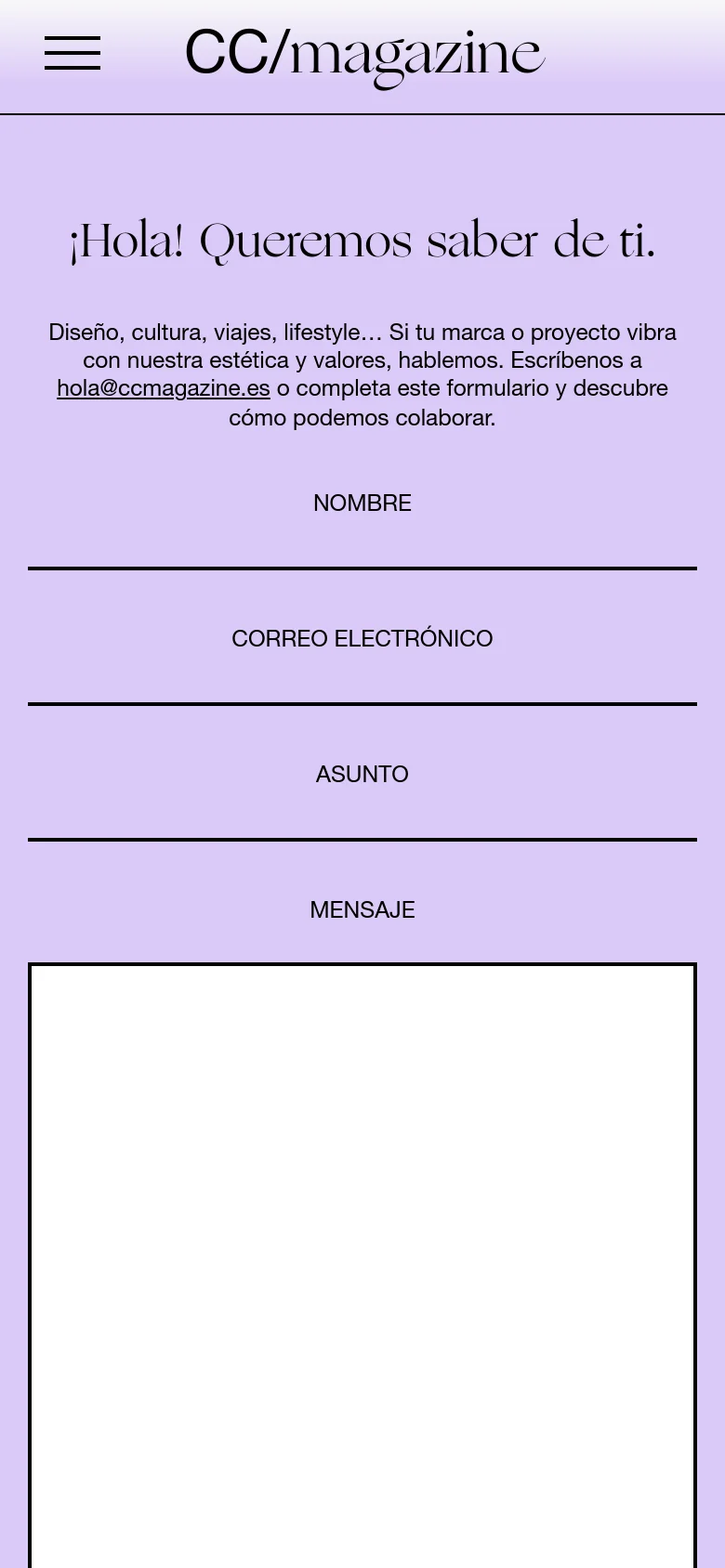 The mobile version maintains the lavender color scheme and serif typography but uses a simplified layout. The navigation is condensed into a hamburger menu icon at the top left, and the contact form fields are stacked vertically to fit the narrow screen width.