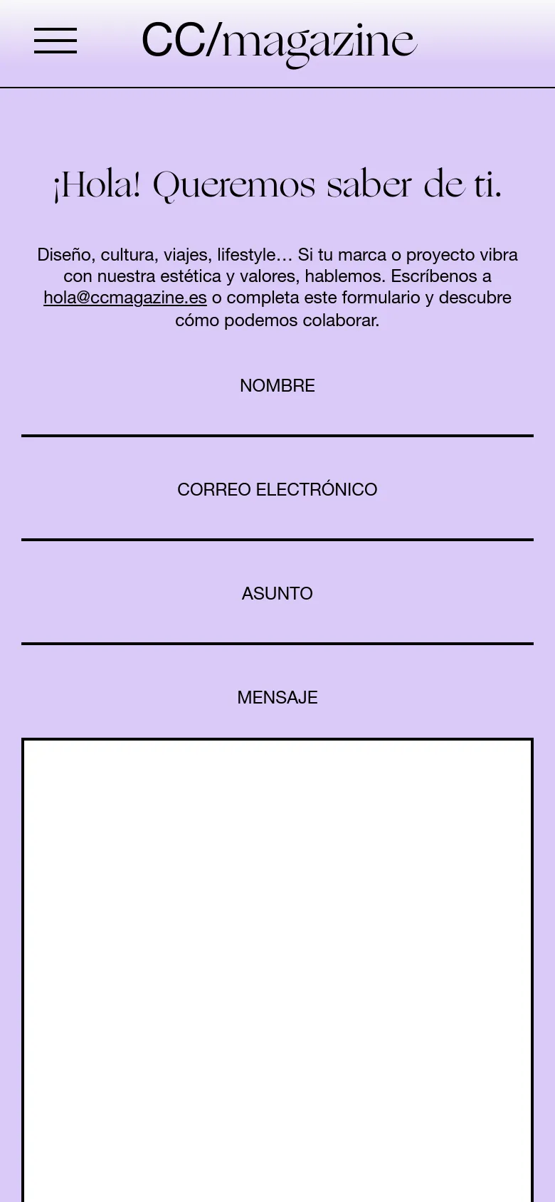 The mobile version maintains the lavender color scheme and serif typography but uses a simplified layout. The navigation is condensed into a hamburger menu icon at the top left, and the contact form fields are stacked vertically to fit the narrow screen width.