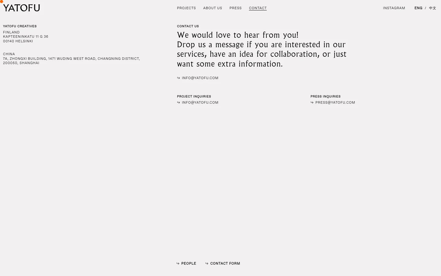The desktop contact page features a minimalist white background with black sans-serif typography. The layout is divided into columns, showing office addresses for Finland and China on the left, a central 'Contact Us' message with an email link, and inquiry categories on the right. Navigation links for Projects, About Us, Press, Contact, Instagram, and language selection are at the top.