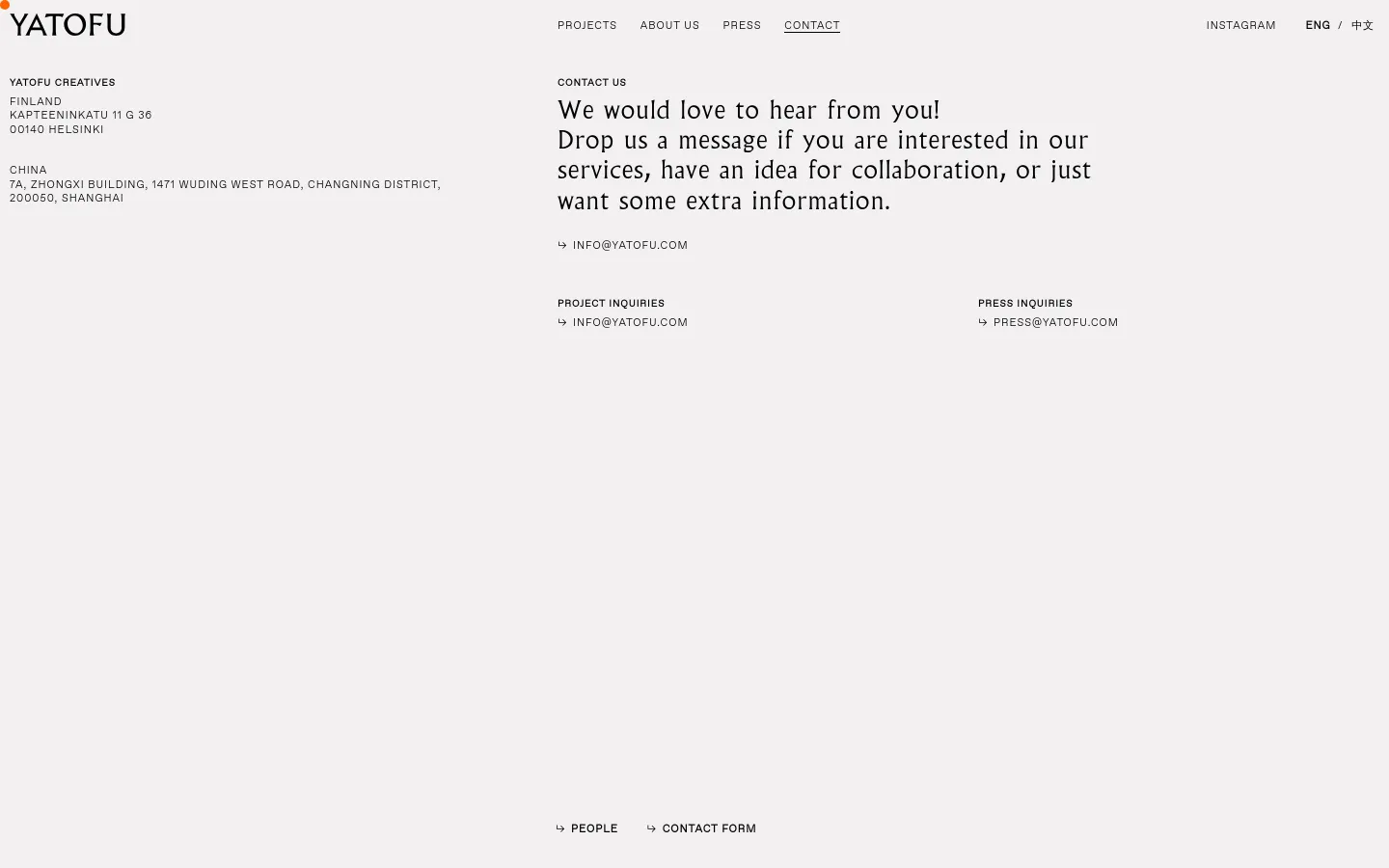 The desktop contact page features a minimalist white background with black sans-serif typography. The layout is divided into columns, showing office addresses for Finland and China on the left, a central 'Contact Us' message with an email link, and inquiry categories on the right. Navigation links for Projects, About Us, Press, Contact, Instagram, and language selection are at the top.