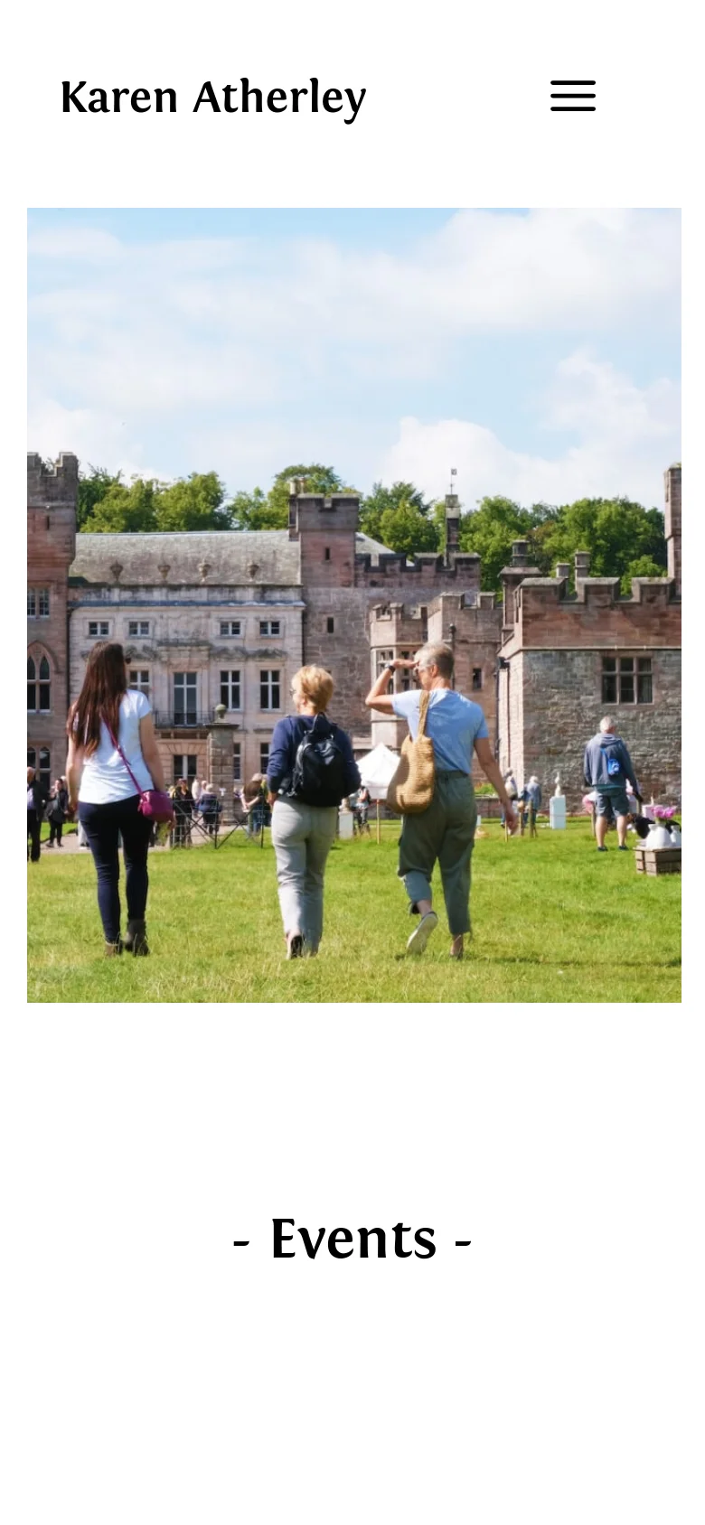 The mobile version shows a vertically oriented, cropped version of the castle hero image. The header is simplified with the 'Karen Atherley' name on the left and a hamburger menu icon on the right, followed by the '- Events -' heading below the image.