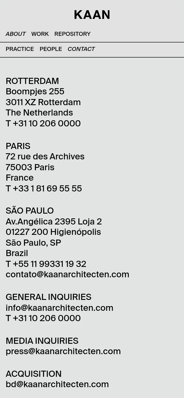 The mobile version maintains the minimalist light gray and black aesthetic but transitions to a single-column vertical layout. The contact details for each city and the various inquiry email addresses are stacked vertically for easier scrolling on a smaller screen.