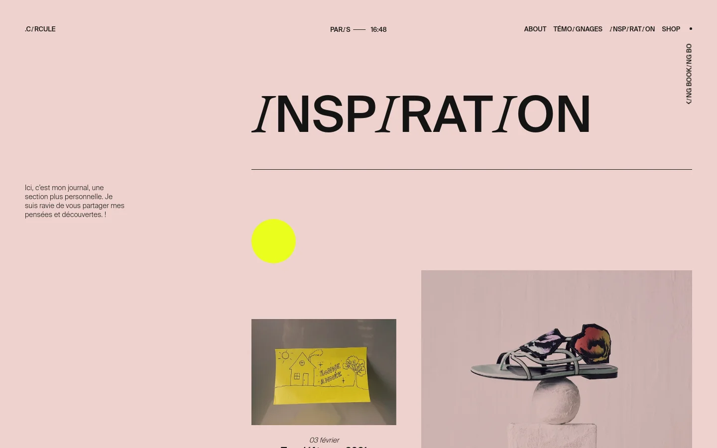 The desktop version of the Inspiration page features a minimalist design with a light pink background and large, bold black typography for the title 'INSPIRATION'. A brief introductory text is positioned on the left, while a large lime green circle and various article image tiles are arranged across the wide layout. Navigation links like 'ABOUT' and 'SHOP' are spread across the top and side edges.