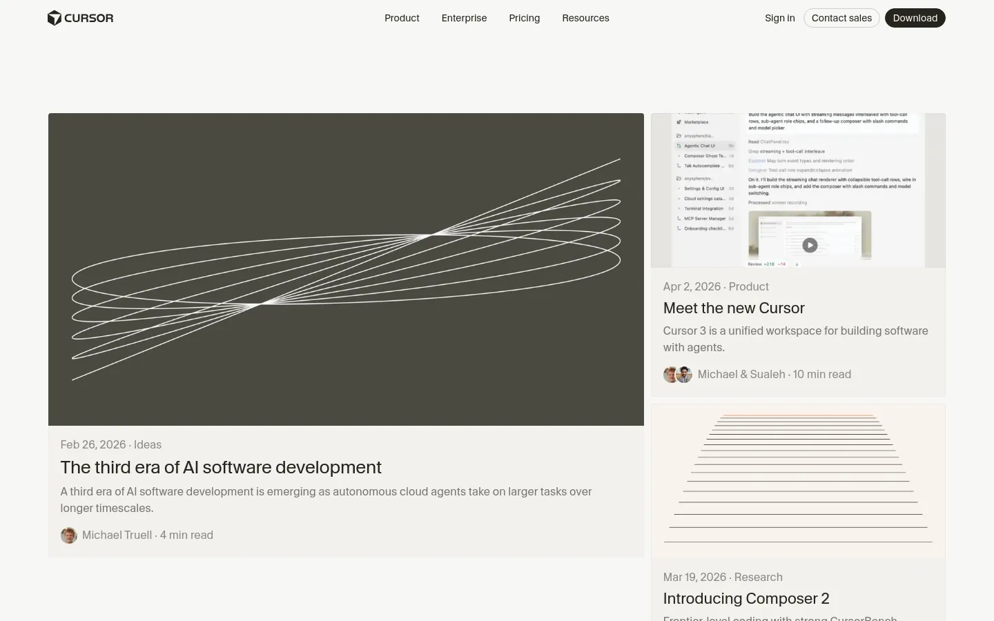 The Cursor blog page features a minimalist dark theme with white text and thin geometric line art. A large hero section displays a blog post titled 'Meet the new Cursor' with a large abstract line graphic, followed by a grid of articles including 'The third era of AI software development' and 'Introducing Composer 2'.