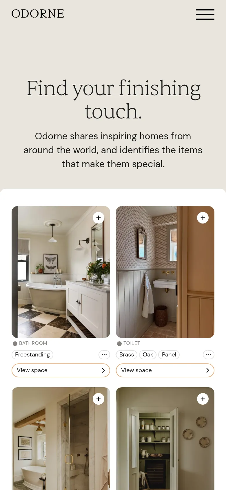 The mobile version maintains the cream-colored minimalist aesthetic and large serif headline, but the layout shifts to a single-column vertical scroll. The interior design images are stacked vertically, with the category labels and 'View space' buttons appearing directly beneath each image for easier tapping.