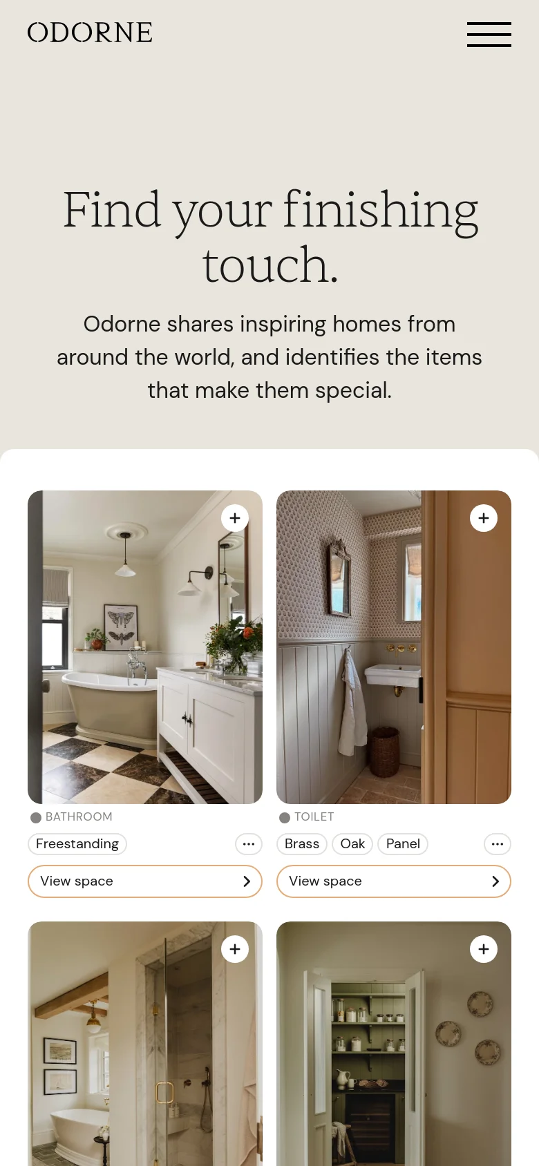 The mobile version maintains the cream-colored minimalist aesthetic and large serif headline, but the layout shifts to a single-column vertical scroll. The interior design images are stacked vertically, with the category labels and 'View space' buttons appearing directly beneath each image for easier tapping.