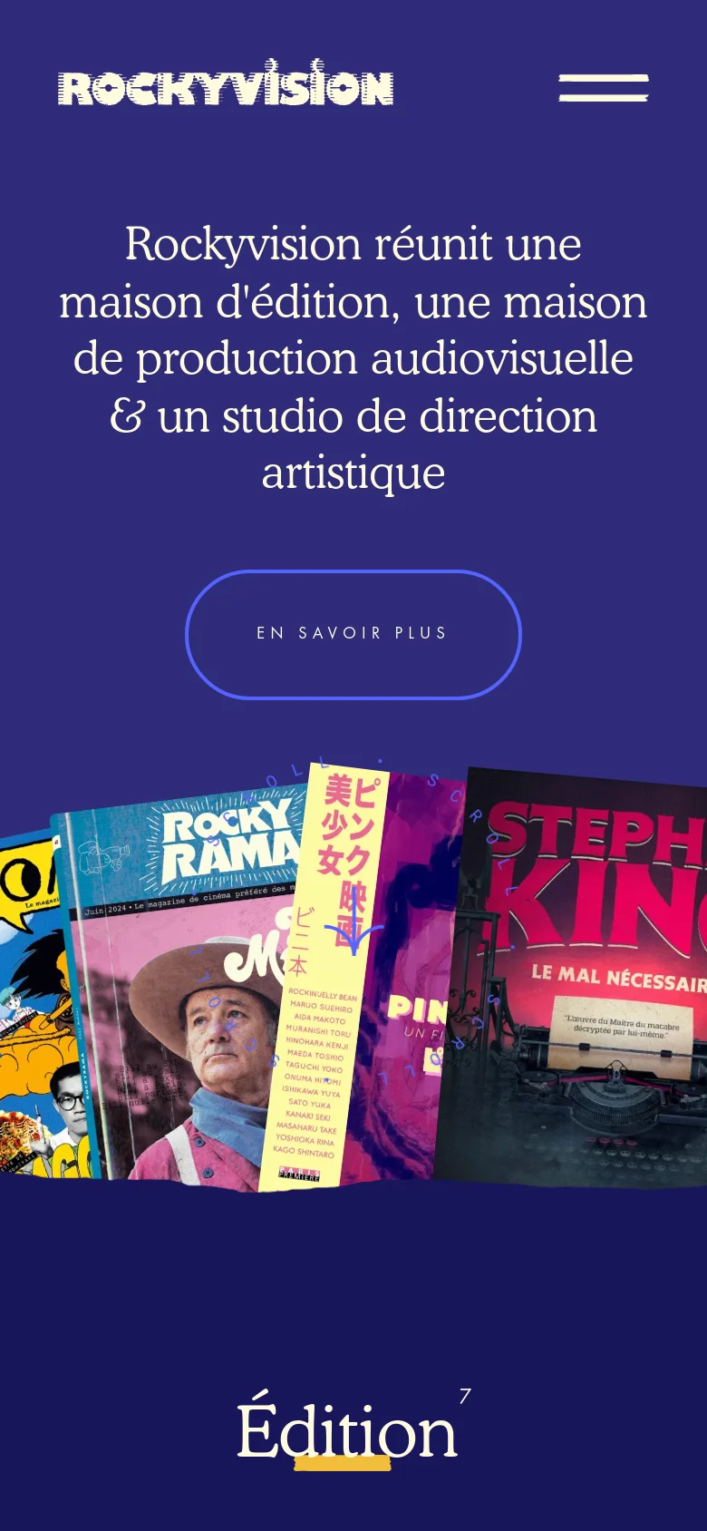 The mobile version uses a vertical layout with a dark purple background, featuring the Rockyvision logo and headline at the top. The 'EN SAVOIR PLUS' button is centered below the text, followed by a large, overlapping collage of colorful media covers at the bottom. The navigation is condensed into a hamburger menu icon in the top right corner.
