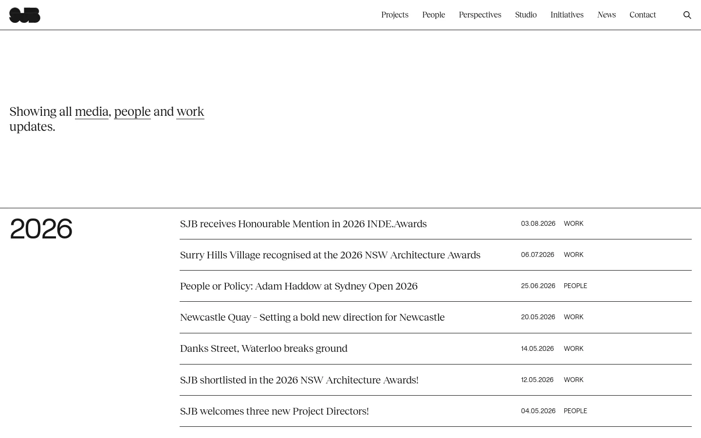 The desktop news page features a minimalist white background with a top navigation menu and a search icon. A large '2026' heading precedes a list of news items, each displaying a headline, date, and category (Work or People) arranged in a clean, horizontal row layout.