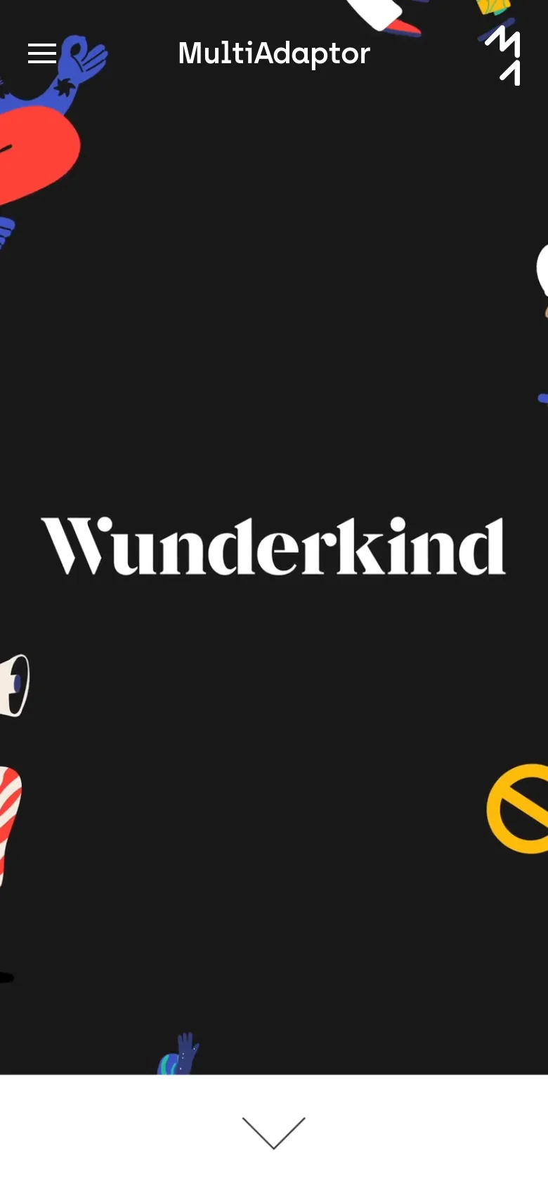 The mobile version presents a dark, high-contrast layout with large white typography. The header is simplified with a hamburger menu, and the colorful, abstract graphic elements are rearranged to fit a vertical orientation.