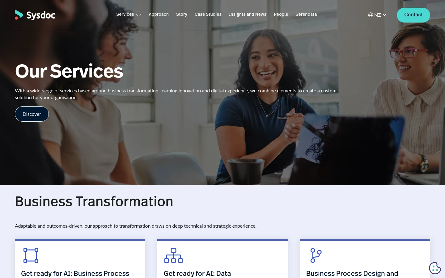 The desktop version features a large hero section with a background image of people working in an office, overlaid with the headline 'Our Services' and a 'Discover' button. Below the hero, a white section contains the heading 'Business Transformation' followed by descriptive text and service cards with blue line icons. The layout is wide with a clean, professional aesthetic using dark text on light backgrounds.