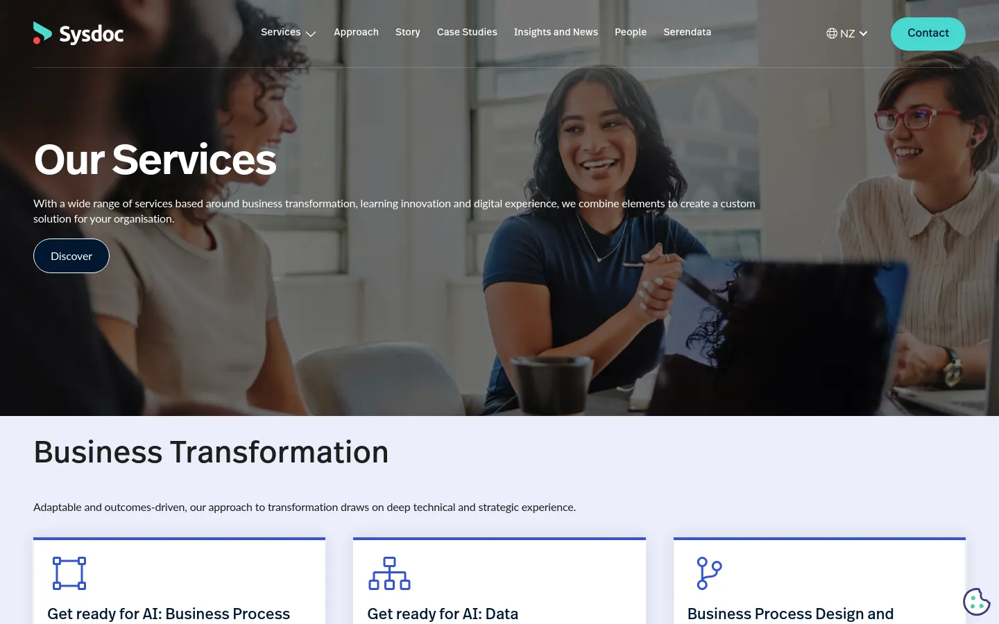The desktop version features a large hero section with a background image of people working in an office, overlaid with the headline 'Our Services' and a 'Discover' button. Below the hero, a white section contains the heading 'Business Transformation' followed by descriptive text and service cards with blue line icons. The layout is wide with a clean, professional aesthetic using dark text on light backgrounds.