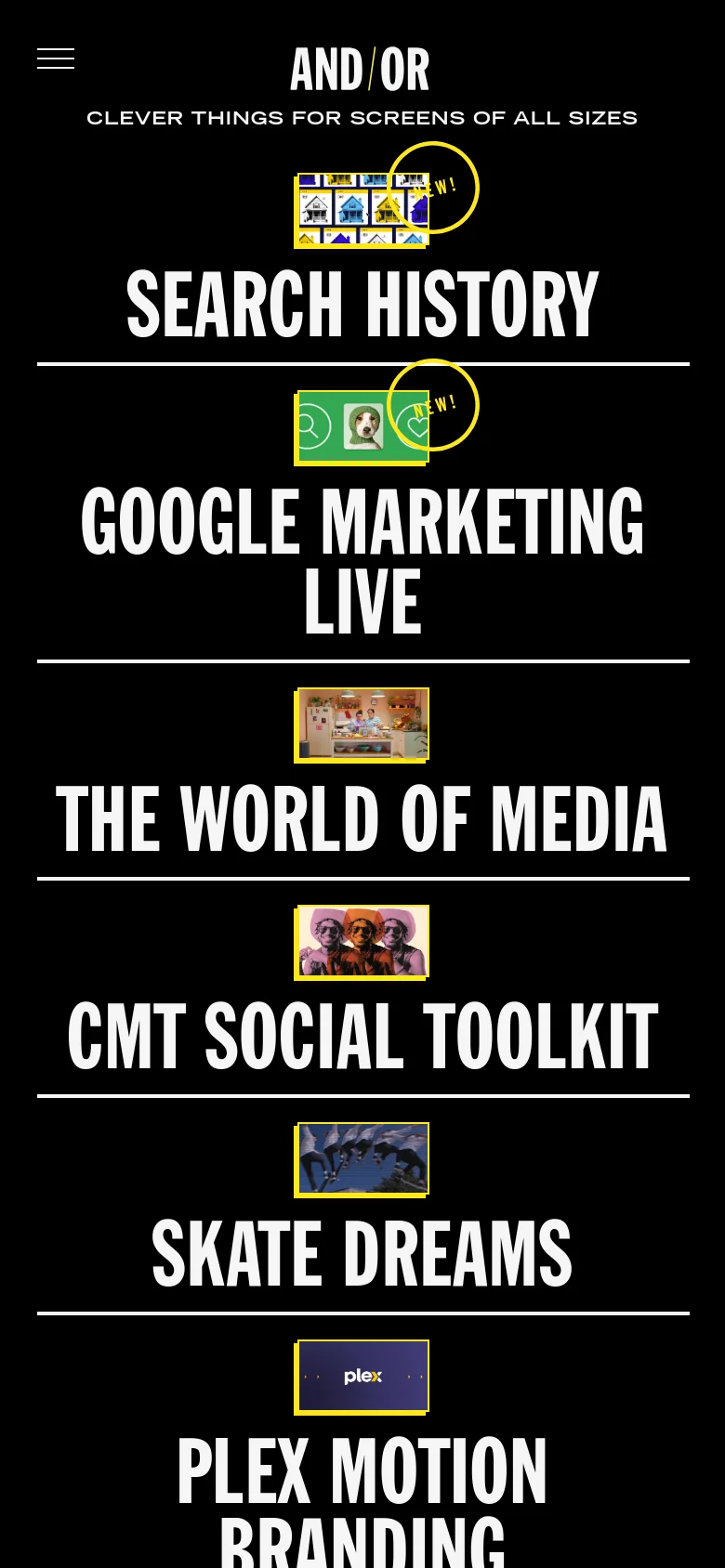 And / Or Motion Design Studio mobile homepage with a stacked layout and hamburger menu. Large white typography for project names like Search History and Google Marketing Live dominates the screen, separated by thin horizontal lines on a black background.