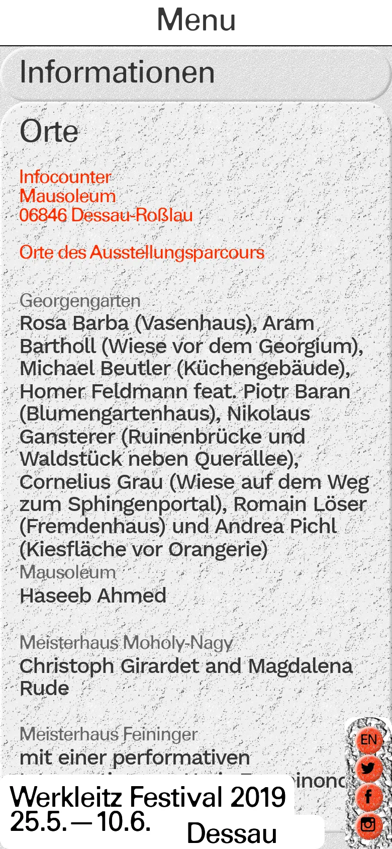 The mobile version presents a single-column vertical layout optimized for scrolling, with the textured gray background continuing throughout. The text is stacked vertically, starting with the title 'Informationen' and 'Orte,' followed by location details and festival dates at the bottom. Social media icons are larger and positioned in a vertical strip on the bottom right.