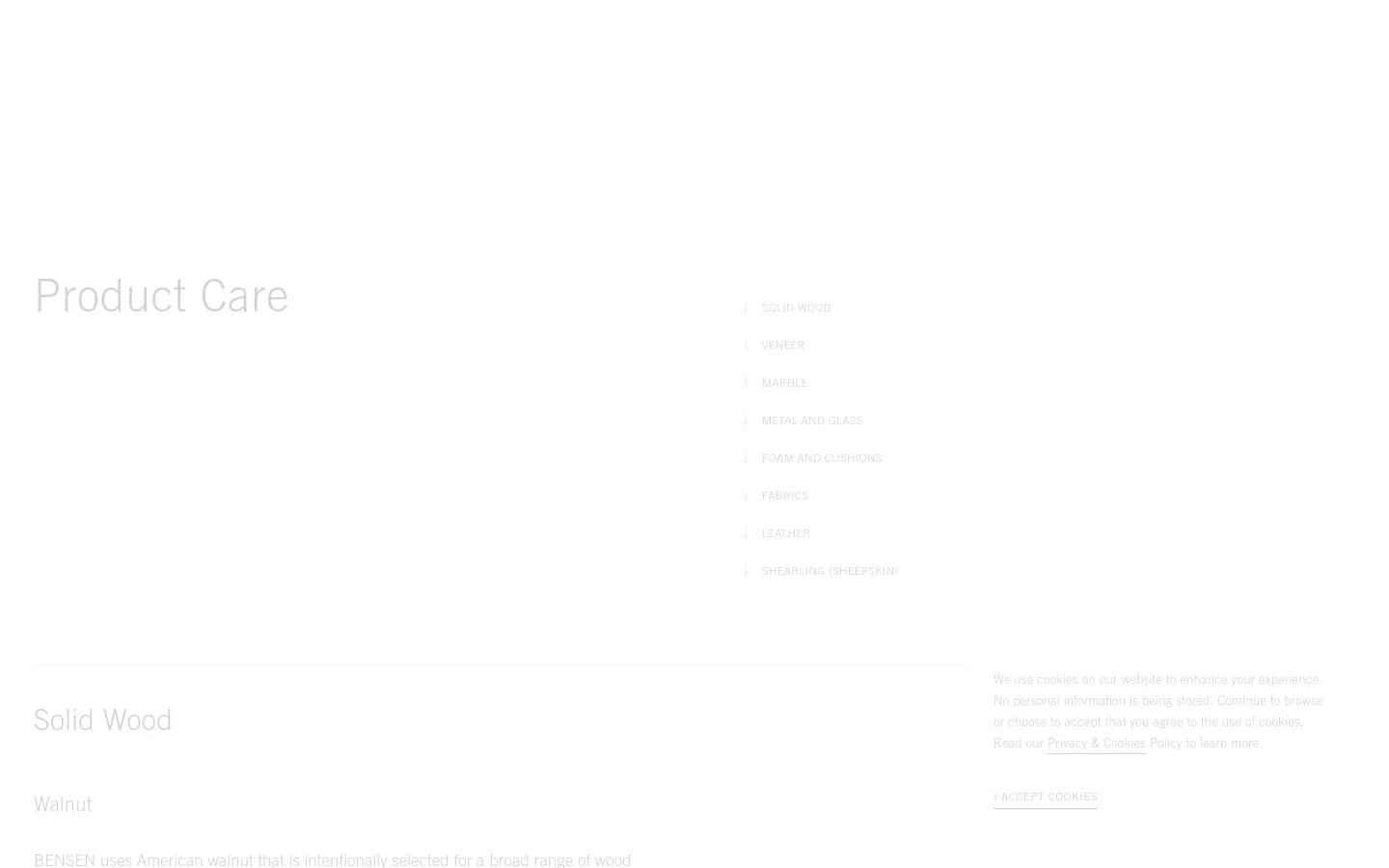 The desktop page features a minimalist design with a large 'Product Care' headline on the left and a vertical list of material categories on the right, each preceded by a downward arrow. Below this hero section, the content transitions to a clean white background with detailed text sections, starting with 'Solid Wood' and 'Walnut'.