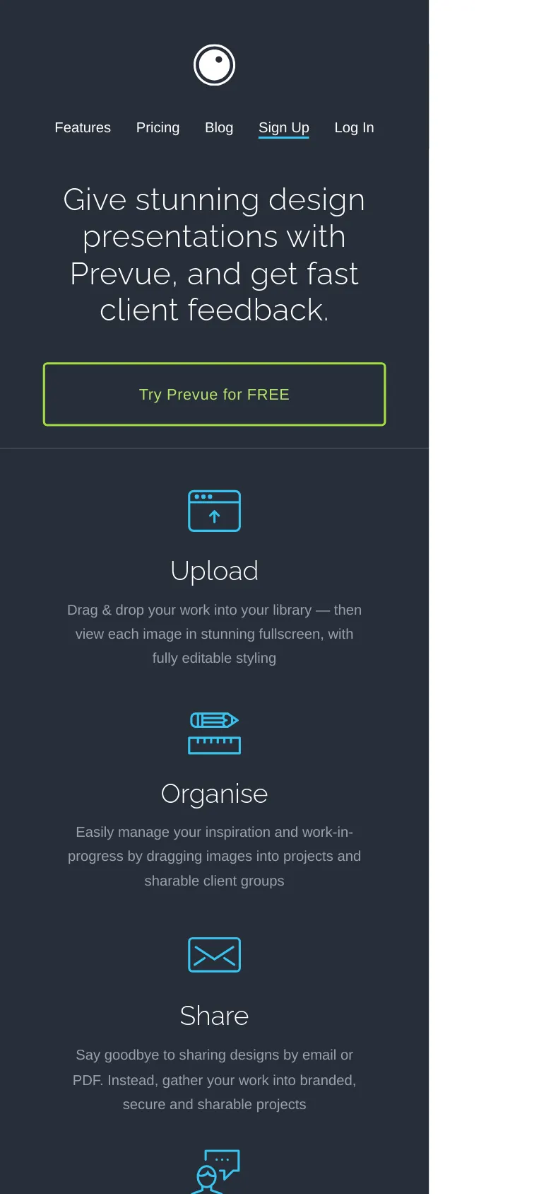 The mobile version uses a single-column layout on a dark navy background, stacking elements vertically for readability. The hero headline and 'Try Prevue for FREE' button appear at the top, followed by a series of icon-based feature sections for Upload, Organise, Share, and Get feedback. The navigation is condensed, and the large laptop/mobile graphic from the desktop version is removed to focus on the service features.