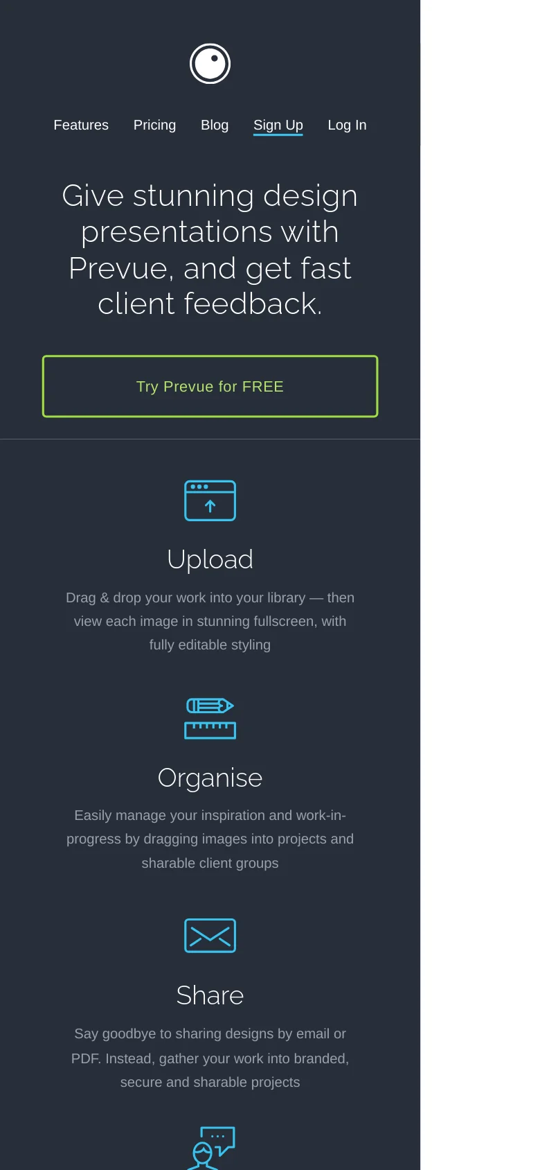 The mobile version uses a single-column layout on a dark navy background, stacking elements vertically for readability. The hero headline and 'Try Prevue for FREE' button appear at the top, followed by a series of icon-based feature sections for Upload, Organise, Share, and Get feedback. The navigation is condensed, and the large laptop/mobile graphic from the desktop version is removed to focus on the service features.