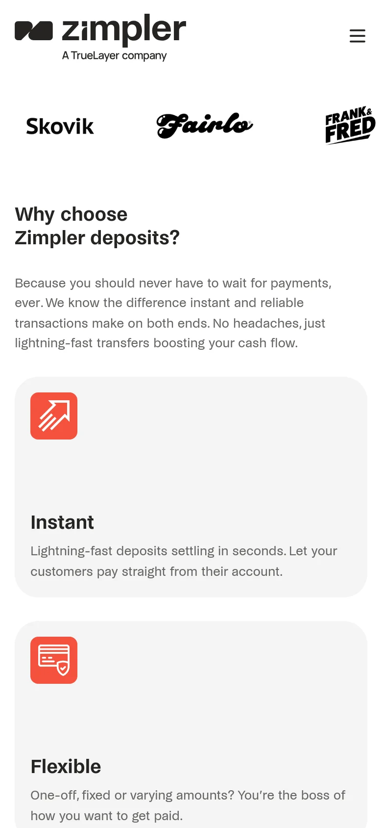 The mobile version presents a simplified vertical layout with a hamburger menu icon in the top right. The partner brand logos and the main headline 'Why choose Zimpler deposits?' are stacked vertically, followed by large, full-width feature cards for 'Instant' and 'Flexible' benefits.