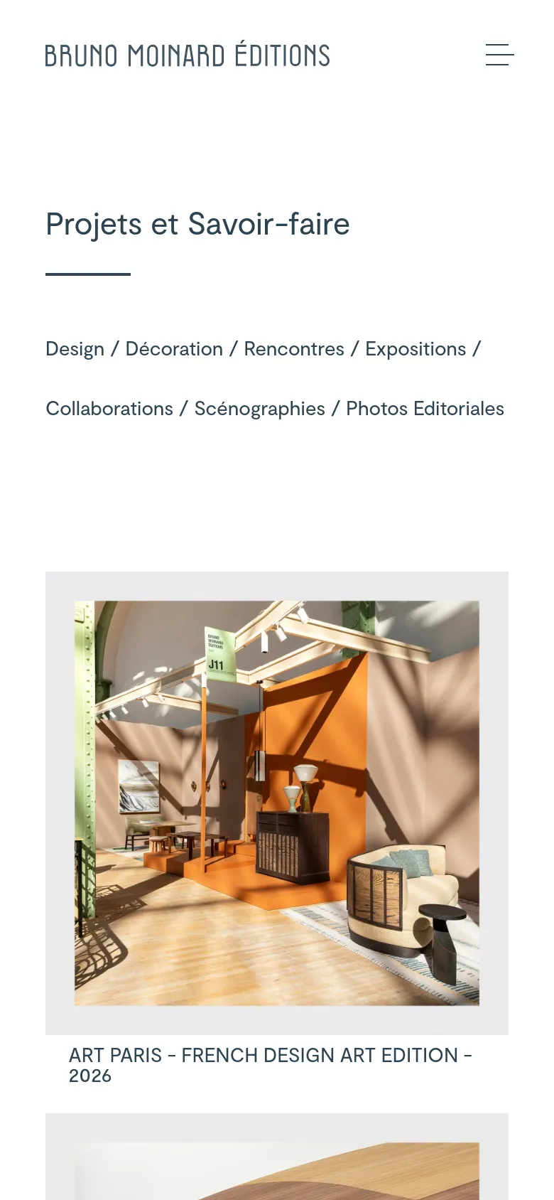 The mobile version maintains the minimalist white aesthetic but presents the content in a single-column vertical stack. The grid of project images is resized to fit the narrower screen width, and the navigation menu is condensed into a hamburger icon at the top right.