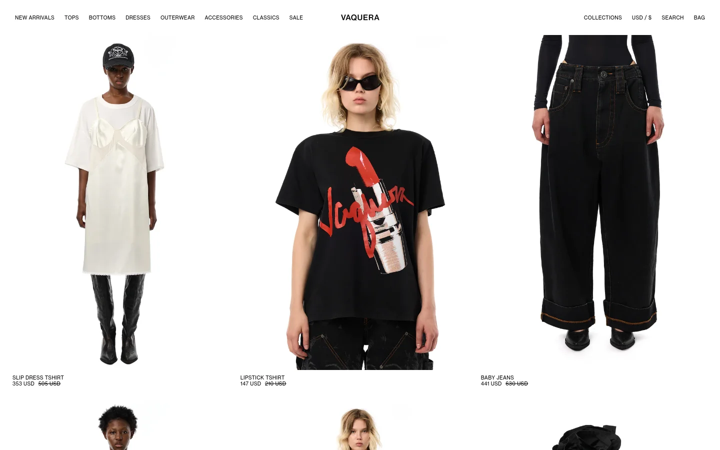 The desktop sale page features a minimalist white background with a top navigation menu including New Arrivals, Tops, Bottoms, Dresses, Outerwear, Accessories, Classics, and Sale. Large, high-fashion product images showcase models wearing items like a white slip dress, a black graphic t-shirt, and dark denim jeans. Each product is listed below the image with its name and sale price in black text.